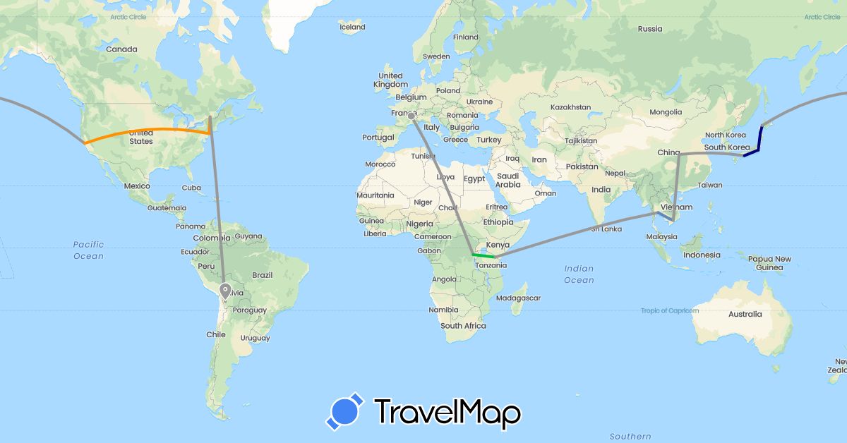 TravelMap itinerary: driving, bus, plane, cycling, hitchhiking in Bolivia, Canada, Democratic Republic of the Congo, China, France, Japan, Cambodia, Thailand, Tanzania, United States, Vietnam (Africa, Asia, Europe, North America, South America)