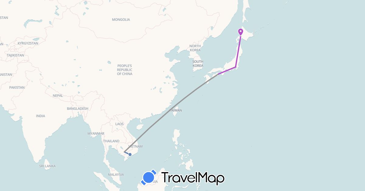 TravelMap itinerary: plane, cycling, train in Japan, Cambodia, Vietnam (Asia)
